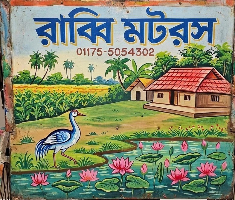 Hand-painted rickshaw panel of a heron in a lotus pond before a village homestead
