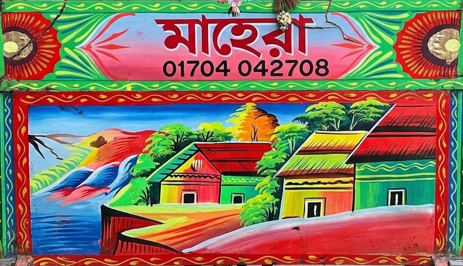 Hand-painted rickshaw panel of tin-roofed village houses beside a hill stream