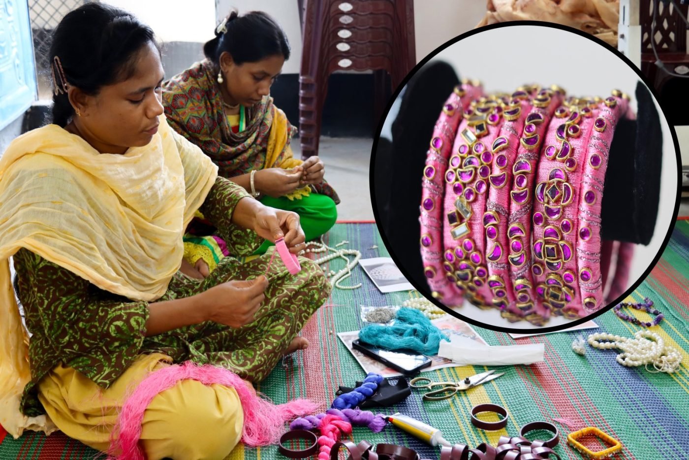 Sabina and Munni making silk-thread bangles at a Moner Kaj hub